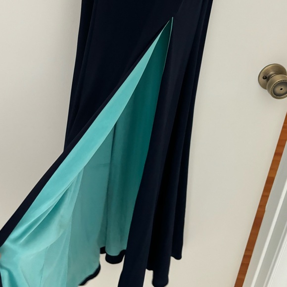 Betsy & Adam Navy and Teal Beaded Prom Dress - Picture 2 of 9